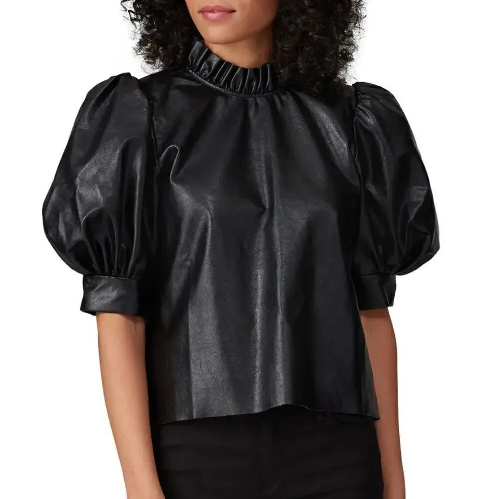 Hunter Bell Stella Black Faux Leather puff sleeve top size small Repaired